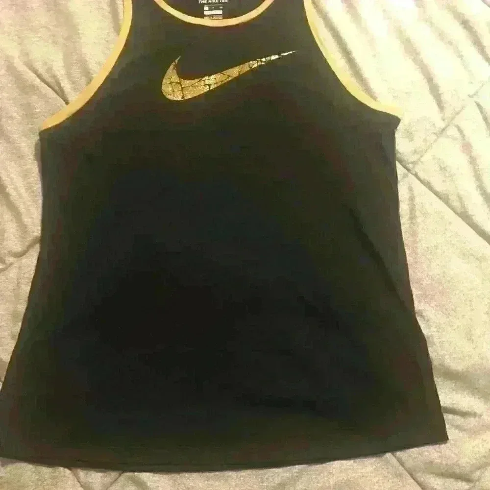 Nike Dri-FIT Womens Tank Top Black Gold Metallic‎ Swoosh High Neck Racerback S